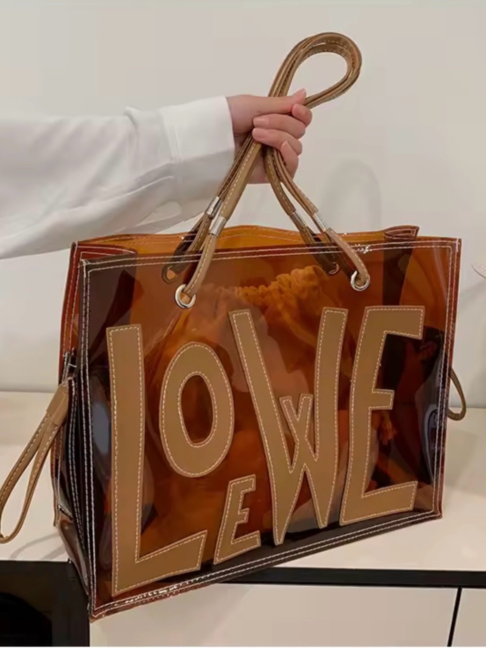 Clear Tote Brown Transparent Scrabble Letter & Inner Pouch with Tan Accents